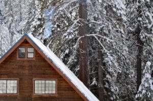snow covering the roof and trees surrounding a custom texas prefab cabin